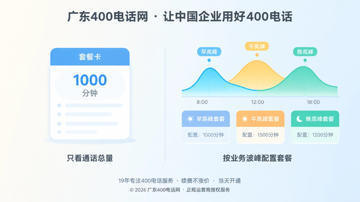 对比式扁平插画：左侧只看分钟数的套餐卡片，与右侧多彩来电波峰及三档套餐色块形成对比